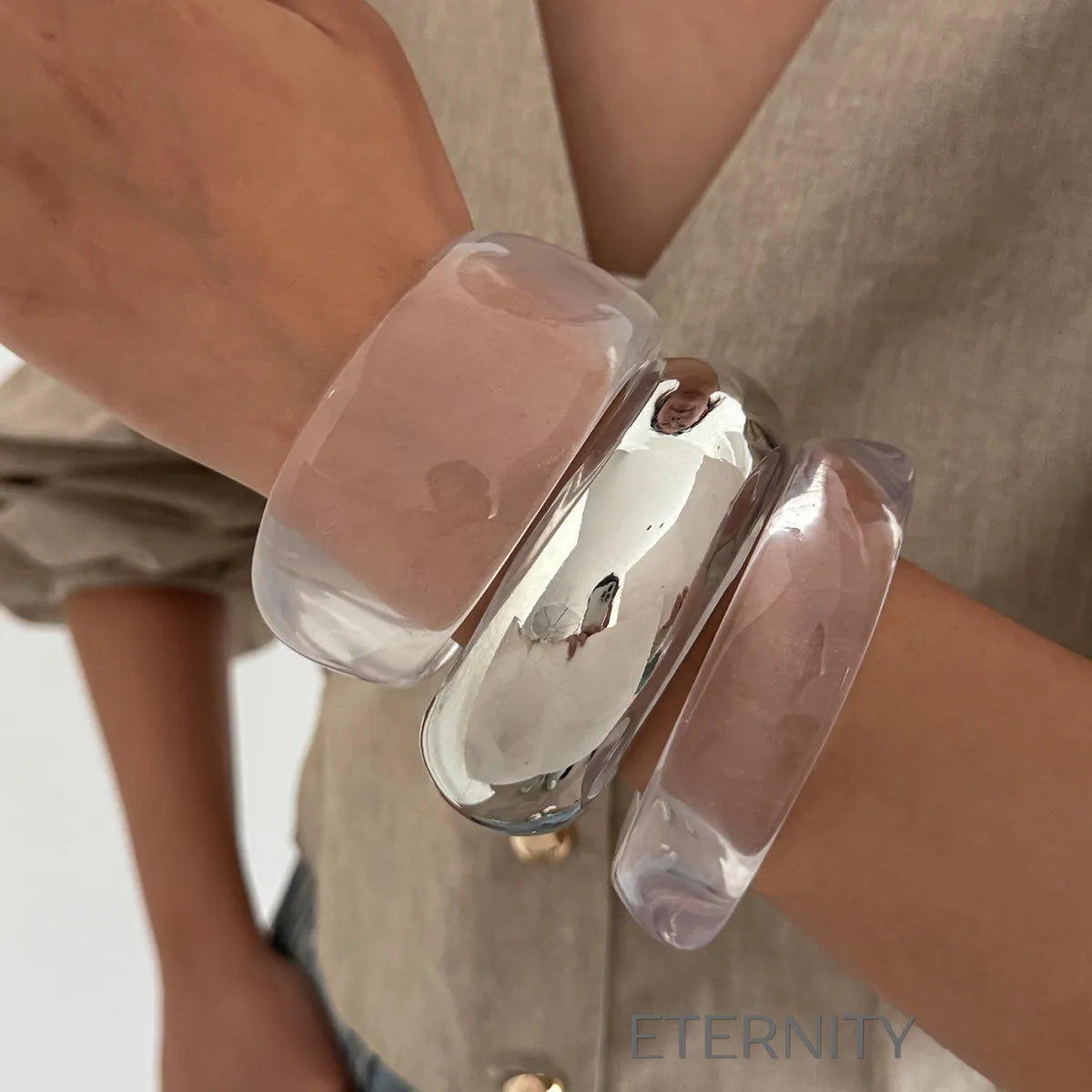 Set de Brazaletes Crystal Clear Resina y Cromo  Brazaletes Plateado Unica Acero Inoxidable  ETERNITY