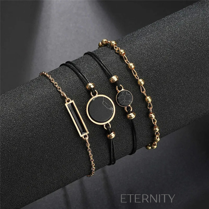 Set de 4 Pulseras Midnight Marble con Piedra Negra y Detalles en Oro Rosa  Brazaletes Negro Unica Acero Inoxidable  ETERNITY