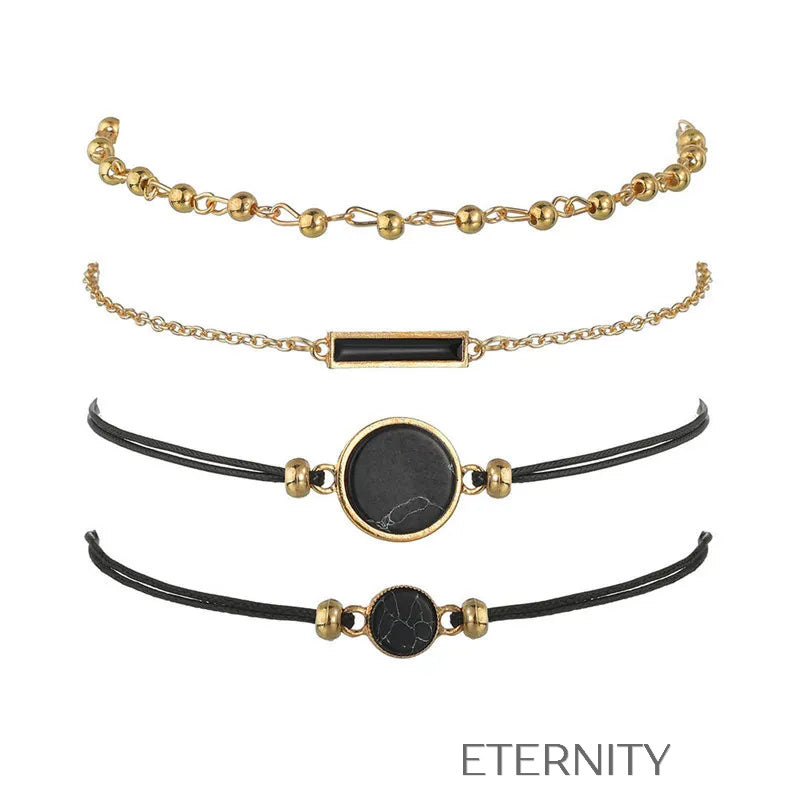 Set de 4 Pulseras Midnight Marble con Piedra Negra y Detalles en Oro Rosa  Brazaletes Negro Unica Acero Inoxidable  ETERNITY