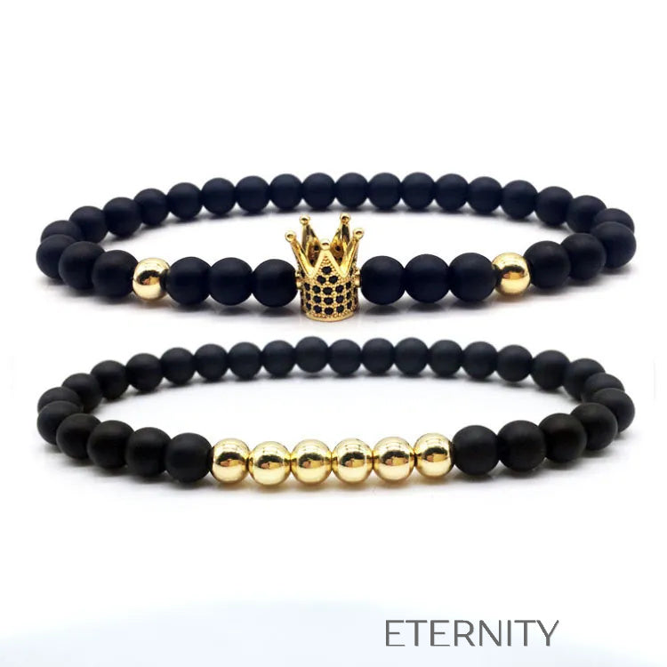 Set de Pulseras de Cuentas Ónix con Dije de Corona  Brazaletes Negro Unica Acero Inoxidable  ETERNITY