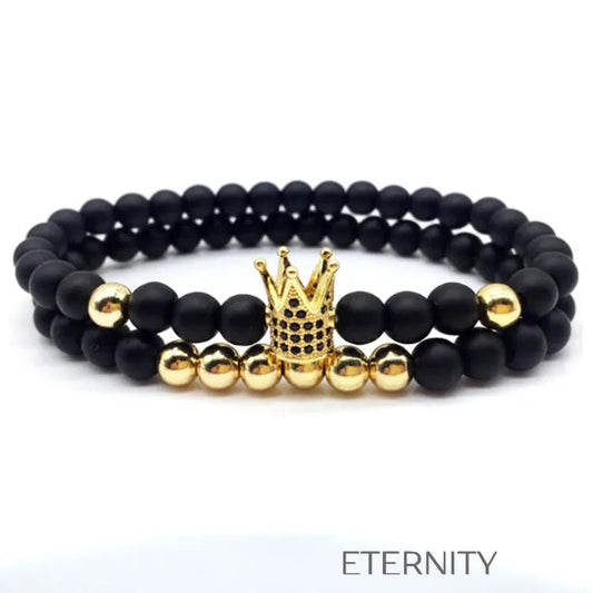 Set de Pulseras de Cuentas Ónix con Dije de Corona  Brazaletes Negro Unica Acero Inoxidable  ETERNITY