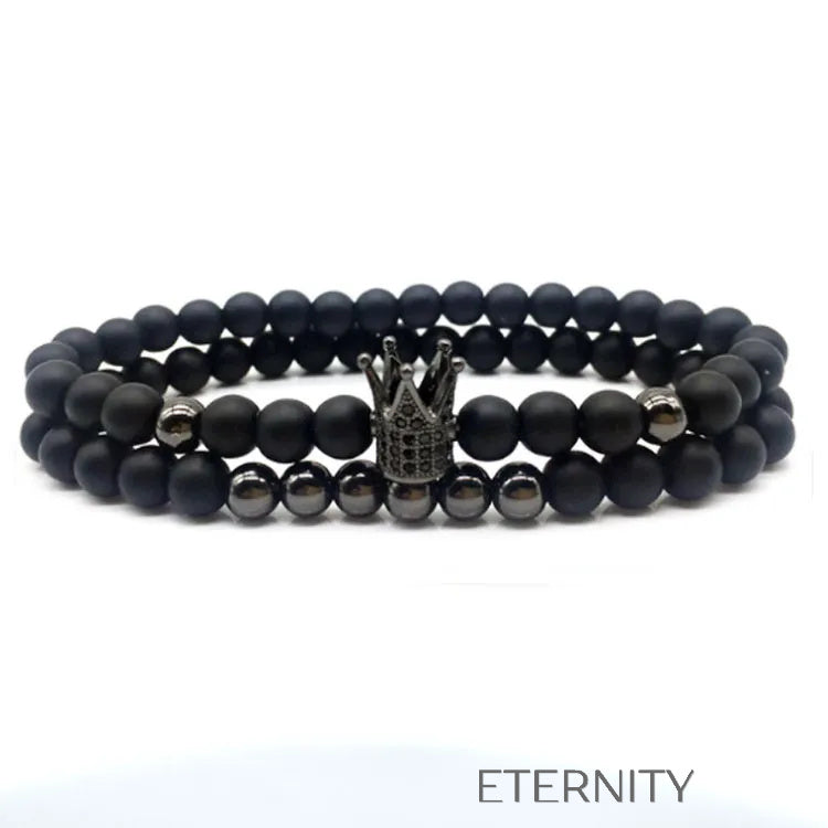 Set de Pulseras de Cuentas Ónix con Dije de Corona  Brazaletes Negro Unica Acero Inoxidable  ETERNITY