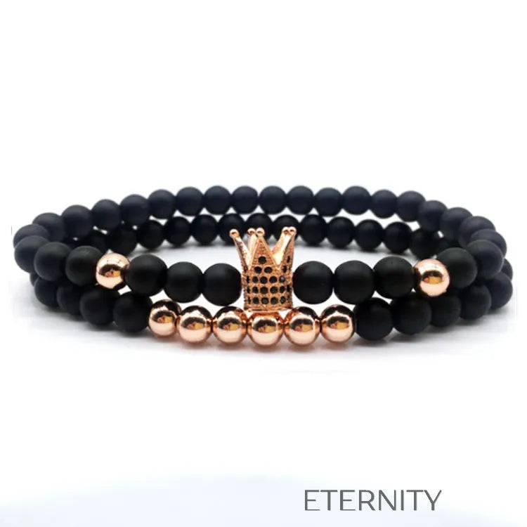 Set de Pulseras de Cuentas Ónix con Dije de Corona  Brazaletes Negro Unica Acero Inoxidable  ETERNITY