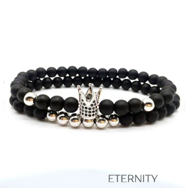 Set de Pulseras de Cuentas Ónix con Dije de Corona  Brazaletes Negro Unica Acero Inoxidable  ETERNITY