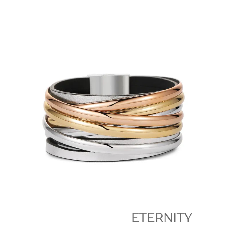 Brazalete Trio Metal Cuero  Brazaletes Negro Unica Acero Inoxidable  ETERNITY