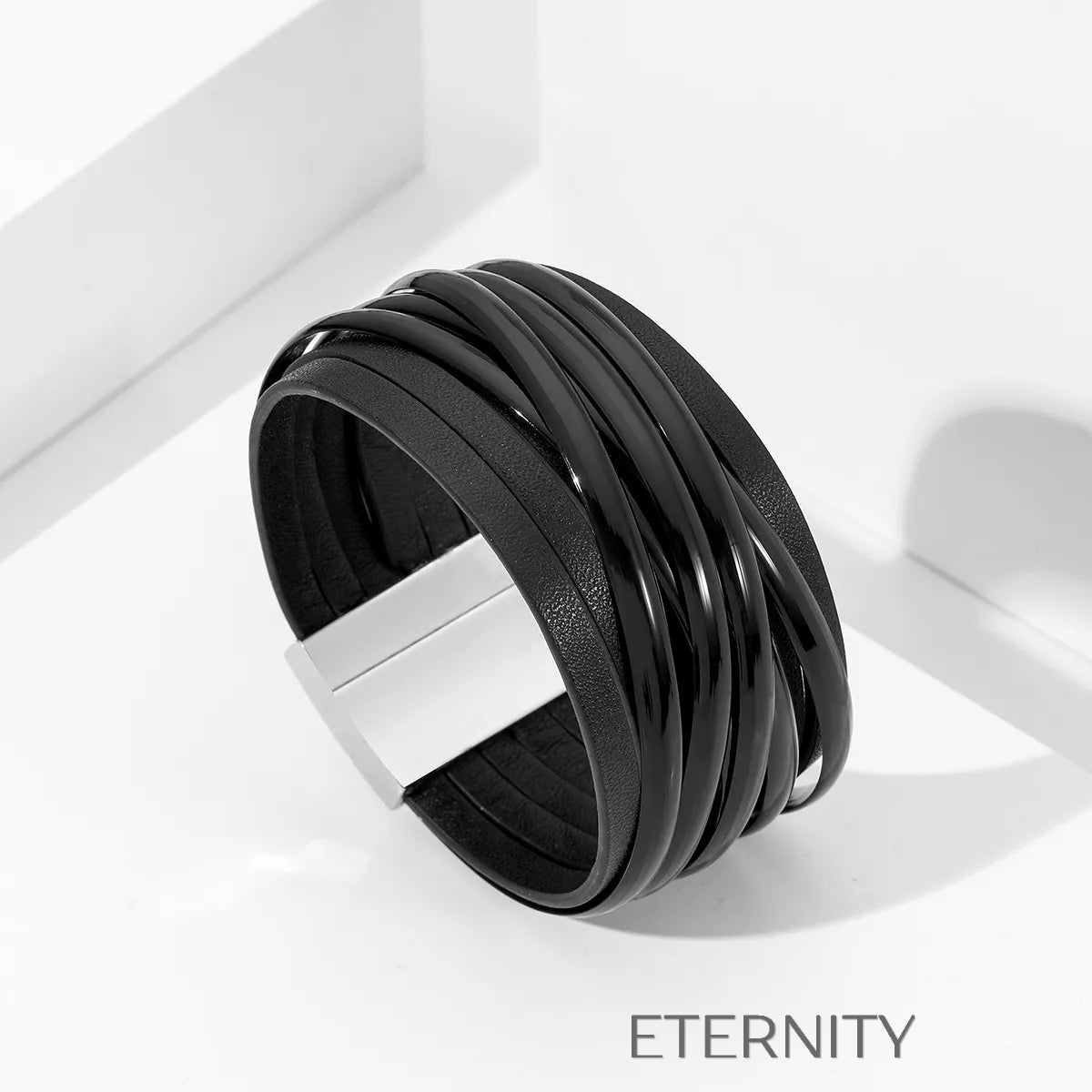Brazalete Trio Metal Cuero  Brazaletes Negro Unica Acero Inoxidable  ETERNITY