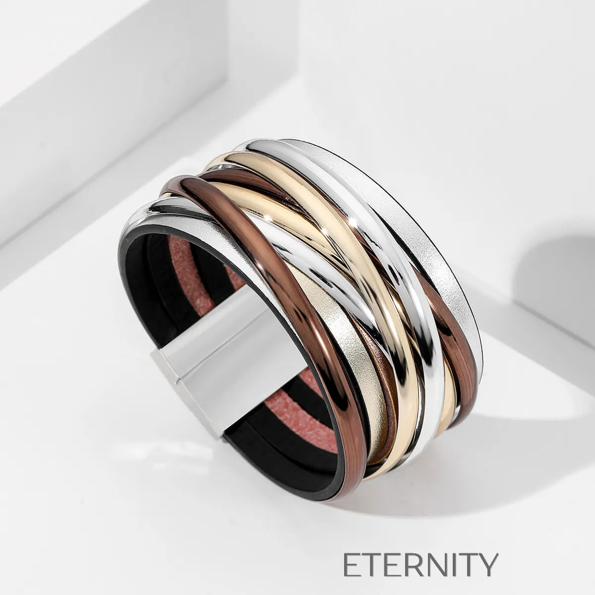 Brazalete Trio Metal Cuero  Brazaletes Negro Unica Acero Inoxidable  ETERNITY