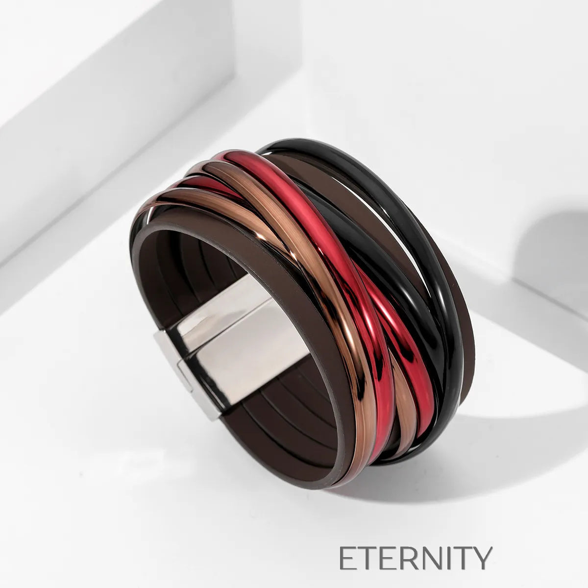 Brazalete Trio Metal Cuero  Brazaletes Negro Unica Acero Inoxidable  ETERNITY