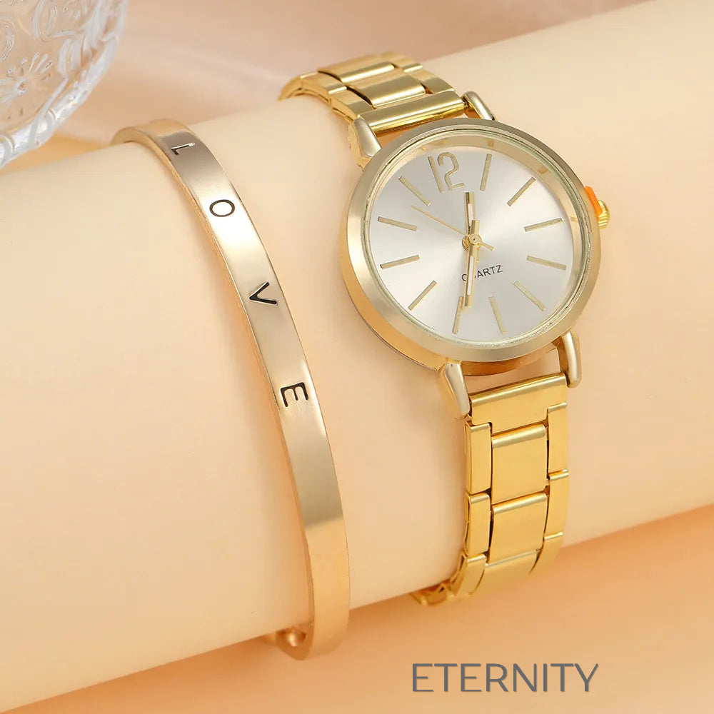 Reloj dorado y plateado de cuarzo con brazalete grabado Brazaletes Dorado Unica Acero Inoxidable  ETERNITY