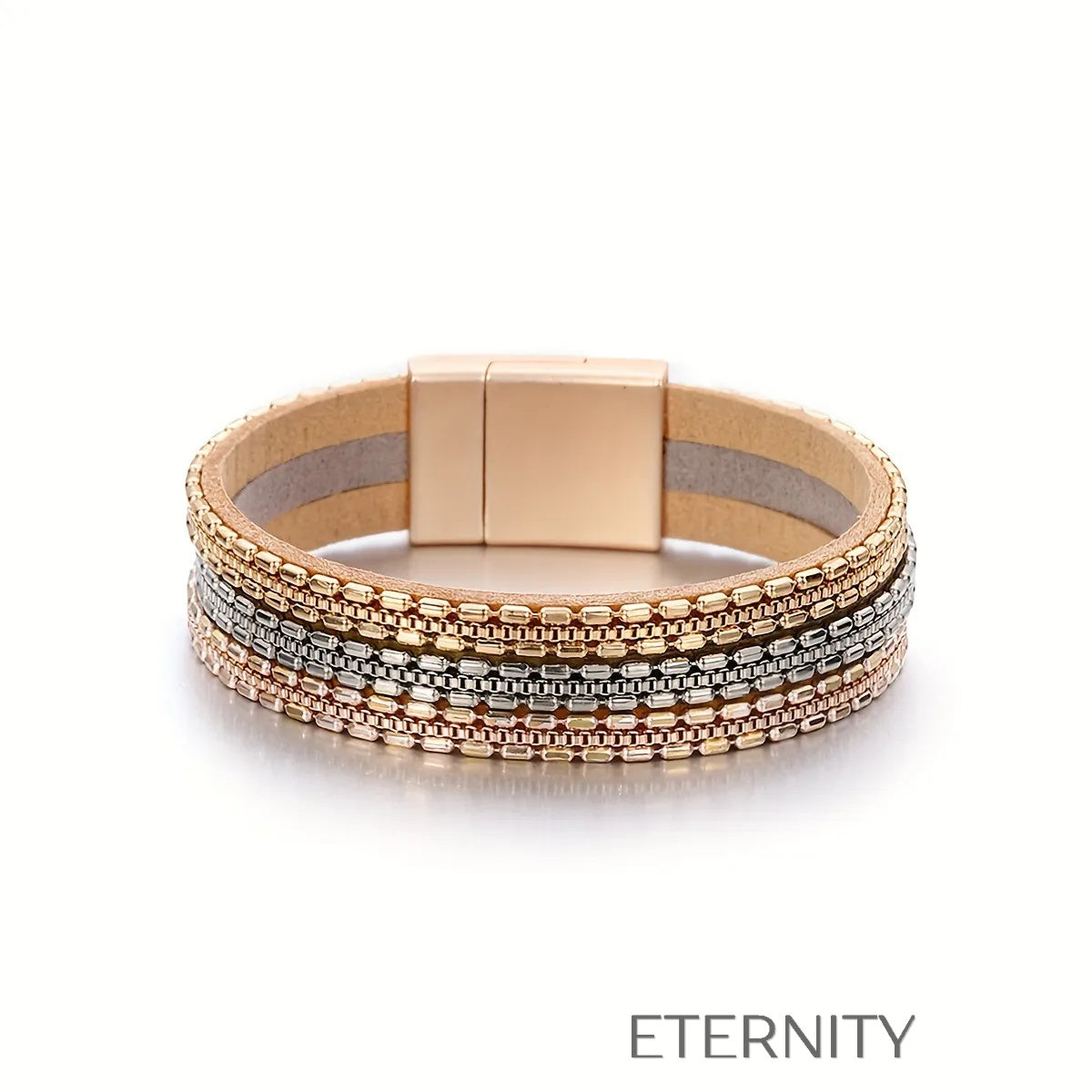 Brazalete de Cuero y Malla Metálica Industrial  Brazaletes Dorado Unica Acero Inoxidable  ETERNITY