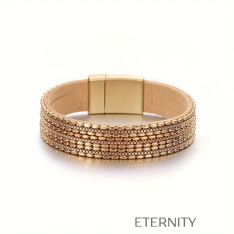 Brazalete de Cuero y Malla Metálica Industrial  Brazaletes Dorado Unica Acero Inoxidable  ETERNITY