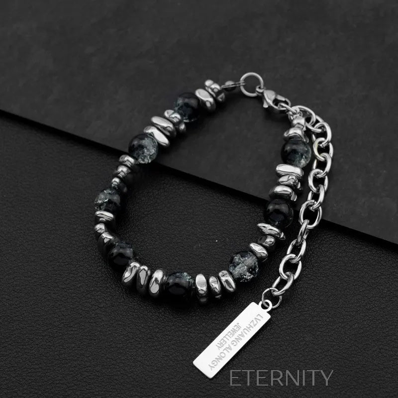 Pulsera de Piedra Obsidiana y Cuentas de Acero Plateado  Brazaletes Negro Unica Acero Inoxidable  ETERNITY