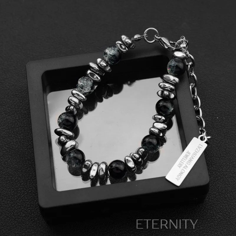 Pulsera de Piedra Obsidiana y Cuentas de Acero Plateado  Brazaletes Negro Unica Acero Inoxidable  ETERNITY