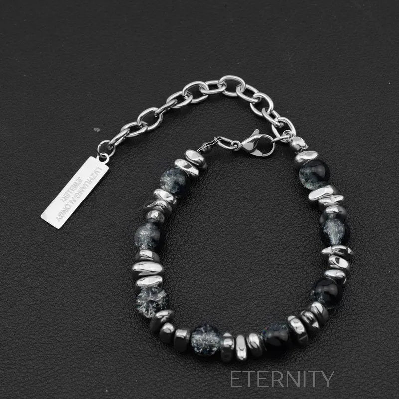 Pulsera de Piedra Obsidiana y Cuentas de Acero Plateado  Brazaletes Negro Unica Acero Inoxidable  ETERNITY
