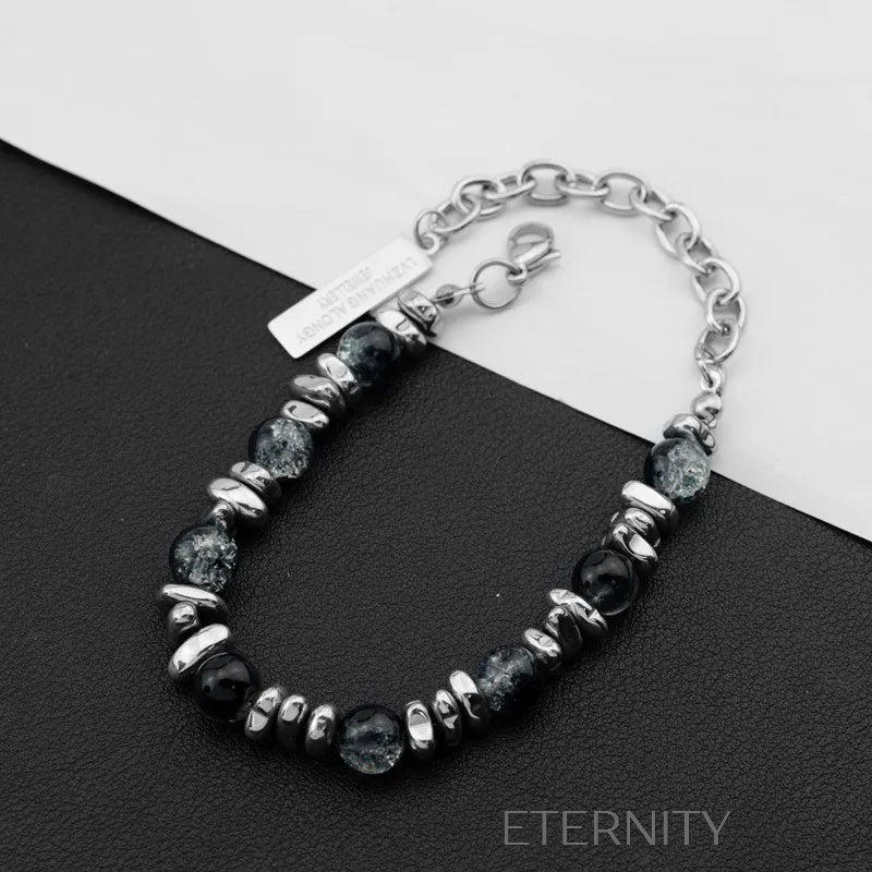 Pulsera de Piedra Obsidiana y Cuentas de Acero Plateado  Brazaletes Negro Unica Acero Inoxidable  ETERNITY