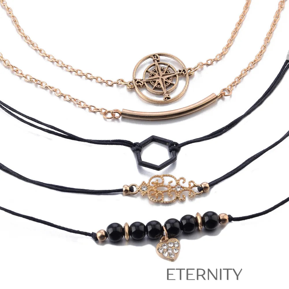Set de Pulseras Explorer’s Soul con Dijes de Brújula y Corazón  Brazaletes Negro Unica Acero Inoxidable  ETERNITY