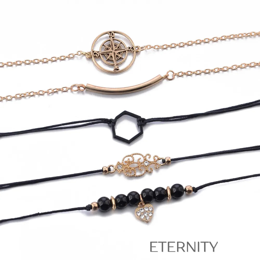 Set de Pulseras Explorer’s Soul con Dijes de Brújula y Corazón  Brazaletes Negro Unica Acero Inoxidable  ETERNITY