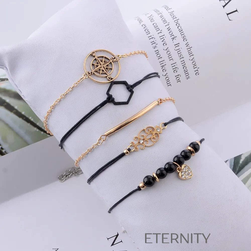 Set de Pulseras Explorer’s Soul con Dijes de Brújula y Corazón  Brazaletes Negro Unica Acero Inoxidable  ETERNITY