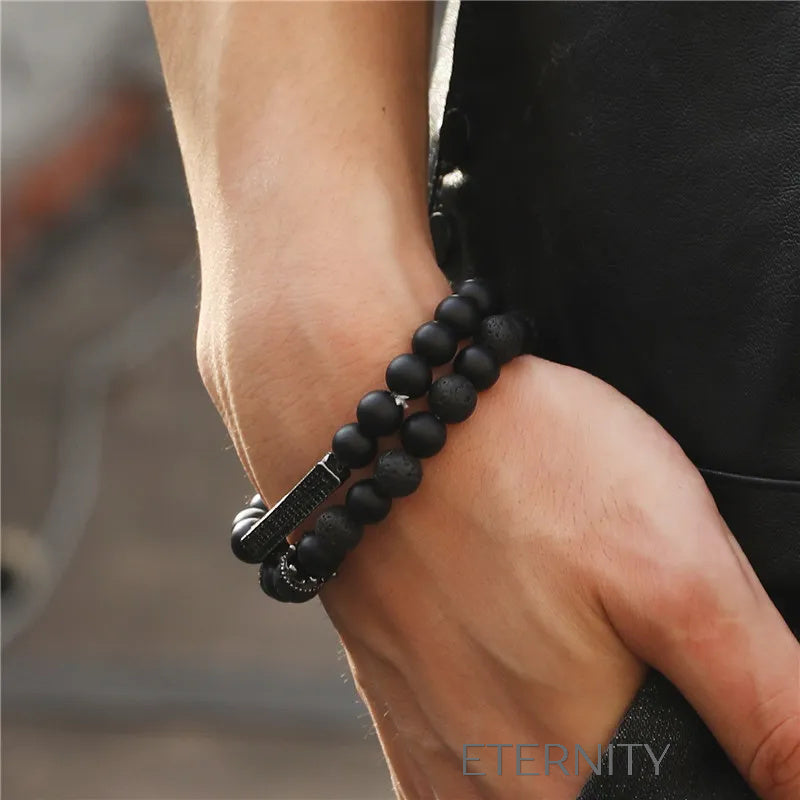 Pulsera Masculina Imperial Lava & Onyx de Piedras Naturales  Brazaletes Negro Unica Acero Inoxidable  ETERNITY