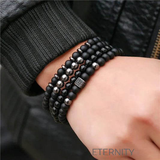 Set de Pulseras de Cuentas de Ónix y Hematita  Brazaletes Negro Unica Acero Inoxidable  ETERNITY