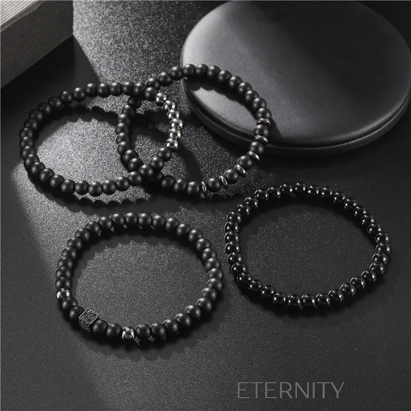 Set de Pulseras de Cuentas de Ónix y Hematita  Brazaletes Negro Unica Acero Inoxidable  ETERNITY
