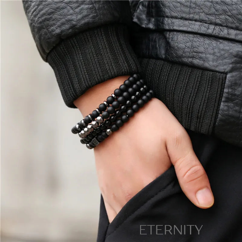 Set de Pulseras de Cuentas de Ónix y Hematita  Brazaletes Negro Unica Acero Inoxidable  ETERNITY