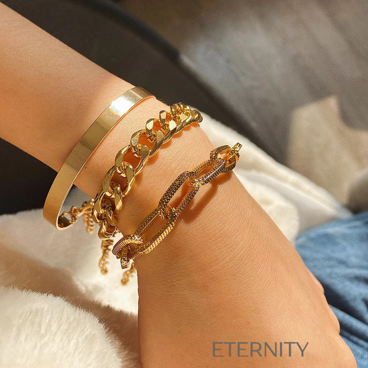Set de Pulseras de Eslabones y Brazalete Rígido  Brazaletes Dorado Unica Acero Inoxidable  ETERNITY