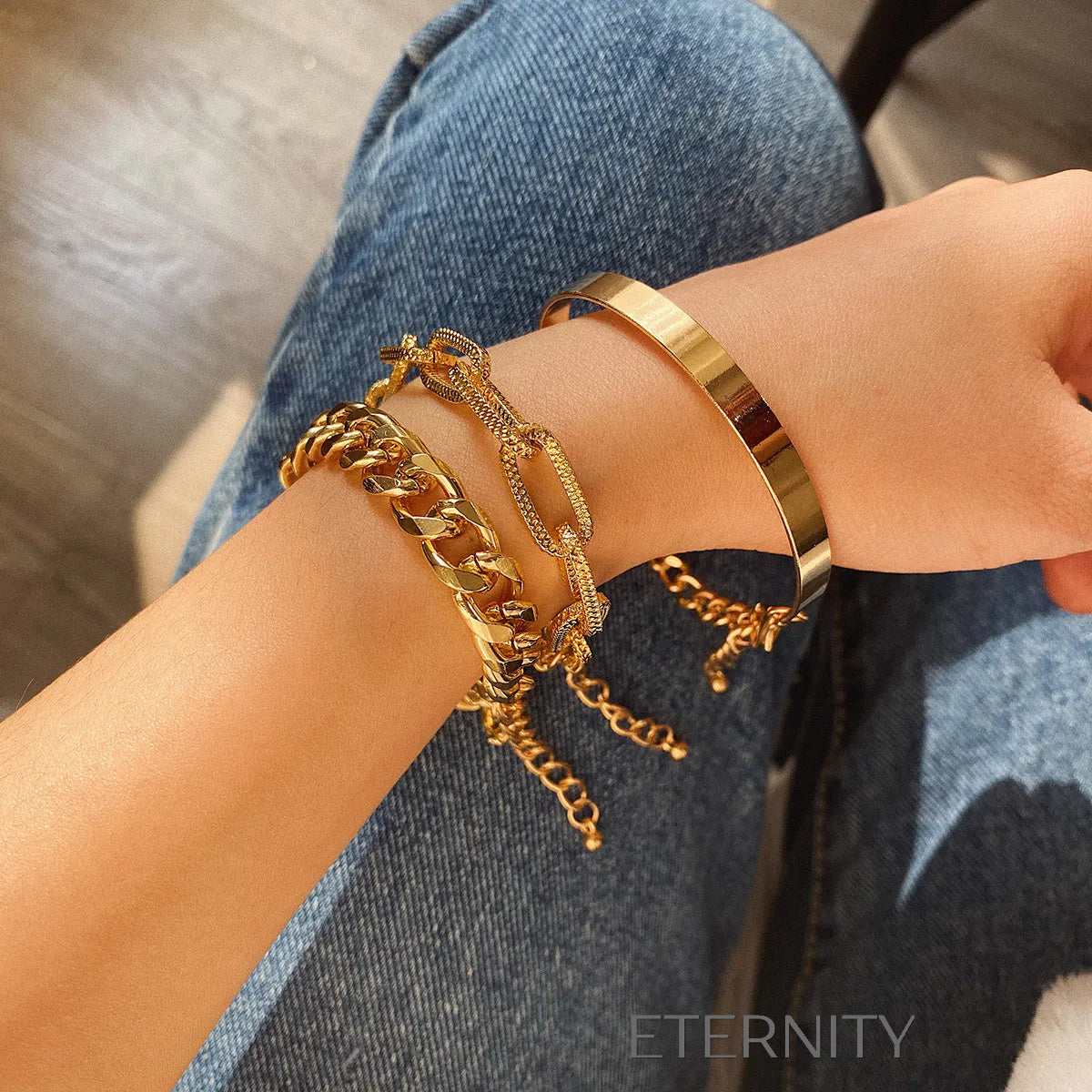 Set de Pulseras de Eslabones y Brazalete Rígido  Brazaletes Dorado Unica Acero Inoxidable  ETERNITY