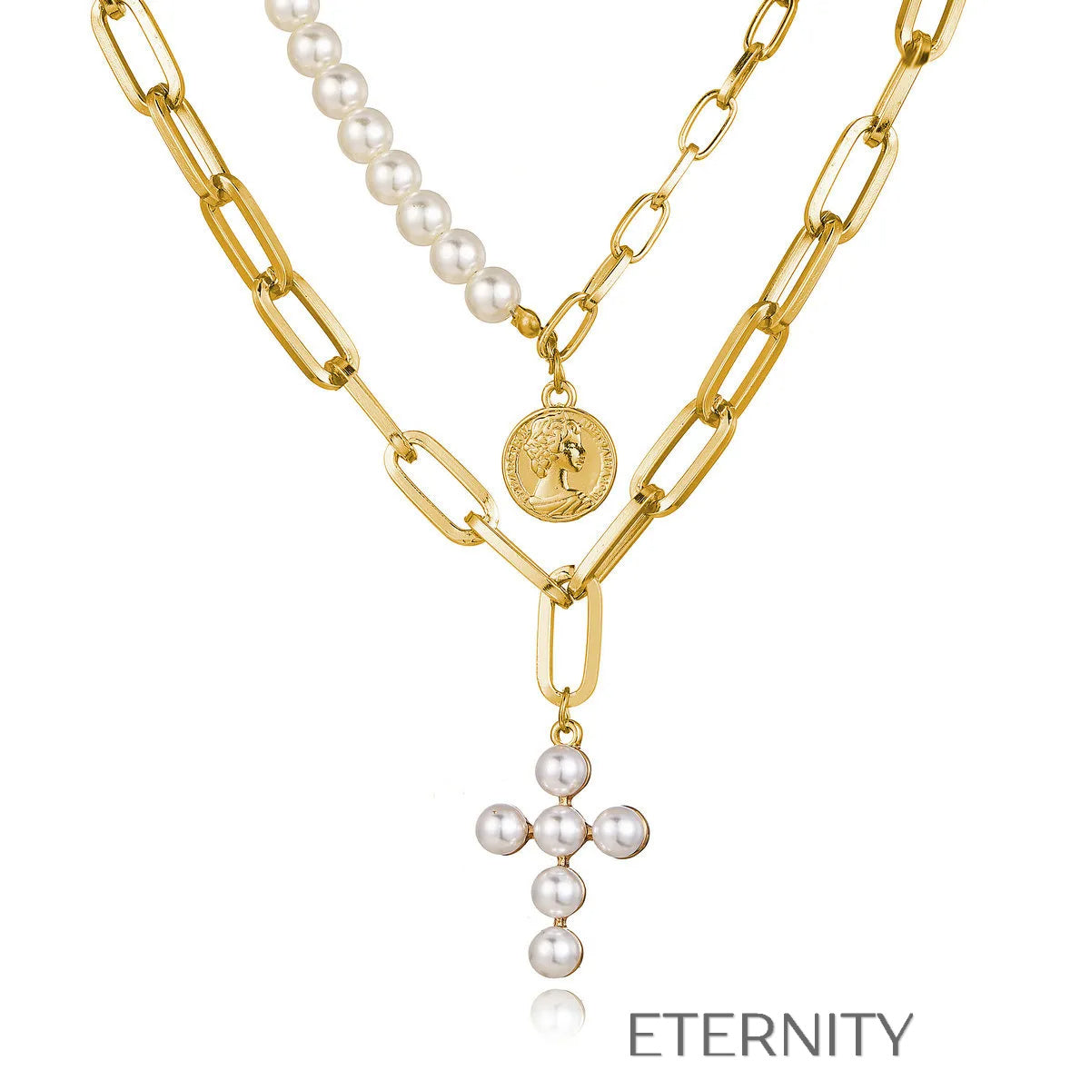 Set de Collares Celestial Cross & Coin con Perlas y Eslabones  Cadenas Perla Unica Acero Inoxidable  ETERNITY