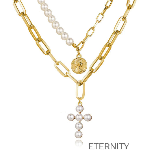 Set de Collares Celestial Cross & Coin con Perlas y Eslabones  Cadenas Perla Unica Acero Inoxidable  ETERNITY