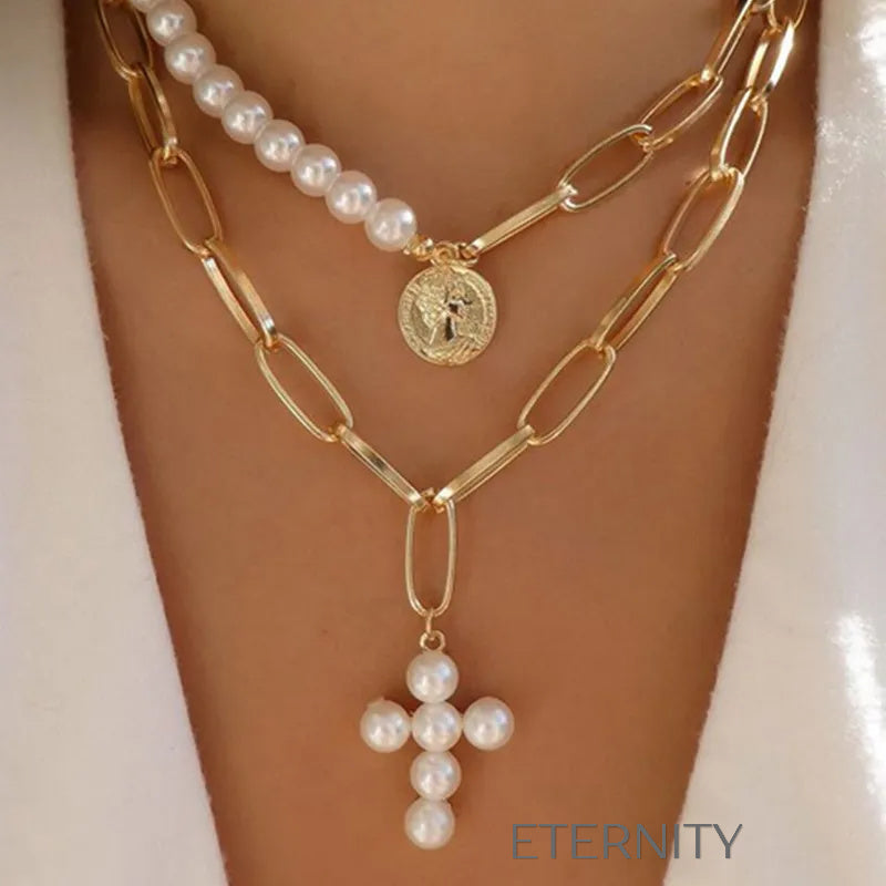Set de Collares Celestial Cross & Coin con Perlas y Eslabones  Cadenas Perla Unica Acero Inoxidable  ETERNITY
