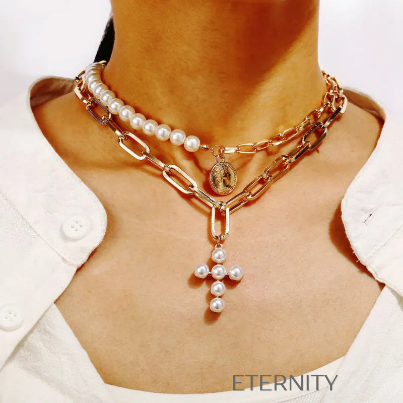 Set de Collares Celestial Cross & Coin con Perlas y Eslabones  Cadenas Perla Unica Acero Inoxidable  ETERNITY