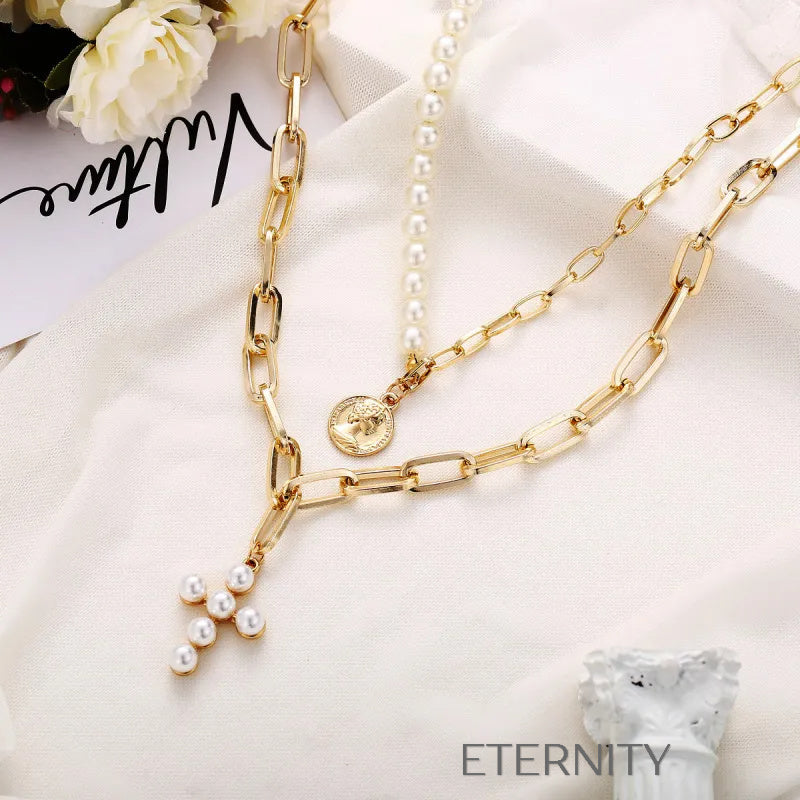 Set de Collares Celestial Cross & Coin con Perlas y Eslabones  Cadenas Perla Unica Acero Inoxidable  ETERNITY