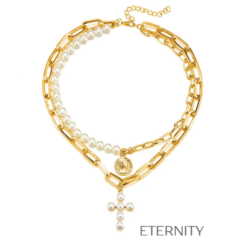 Set de Collares Celestial Cross & Coin con Perlas y Eslabones  Cadenas Perla Unica Acero Inoxidable  ETERNITY