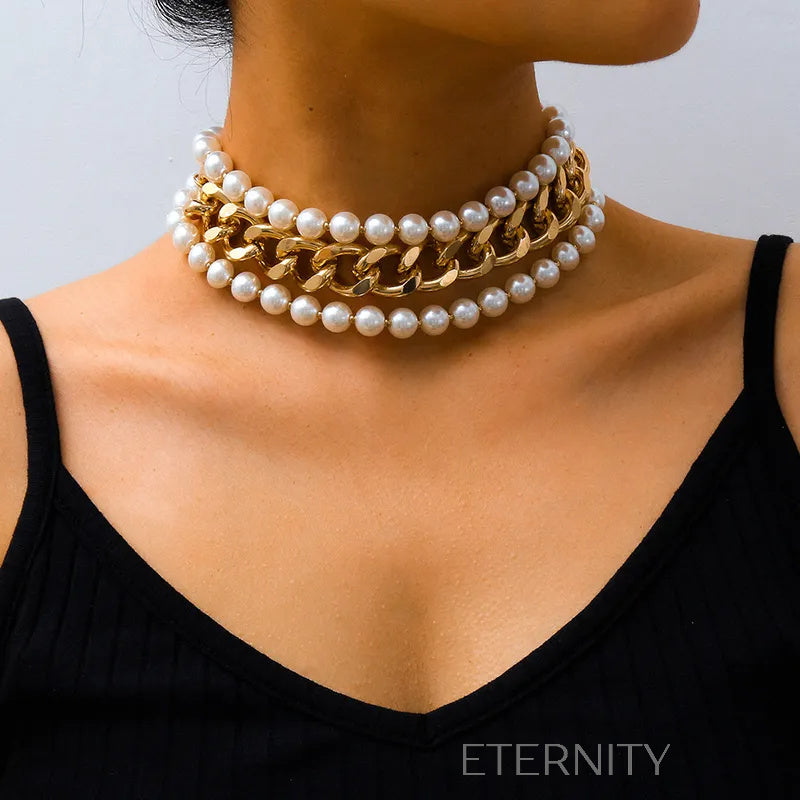Choker Multicapa Imperial Pearl Perlas y Eslabones  Cadenas Dorado Unica Acero Inoxidable  ETERNITY