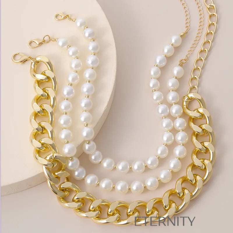 Choker Multicapa Imperial Pearl Perlas y Eslabones  Cadenas Dorado Unica Acero Inoxidable  ETERNITY