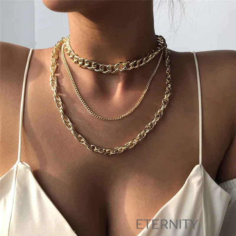 Set de Triple Collar de Cadenas en Capas Oro 18K  Cadenas Dorado Unica Acero Inoxidable  ETERNITY