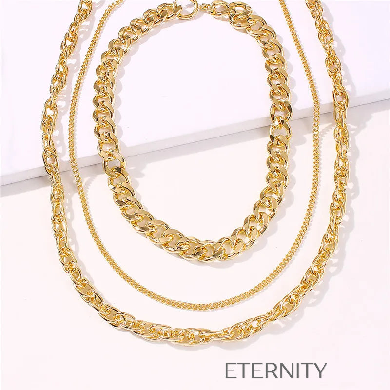 Set de Triple Collar de Cadenas en Capas Oro 18K  Cadenas Dorado Unica Acero Inoxidable  ETERNITY
