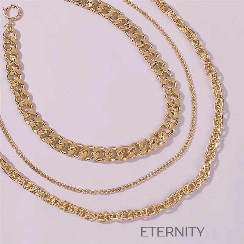 Set de Triple Collar de Cadenas en Capas Oro 18K  Cadenas Dorado Unica Acero Inoxidable  ETERNITY