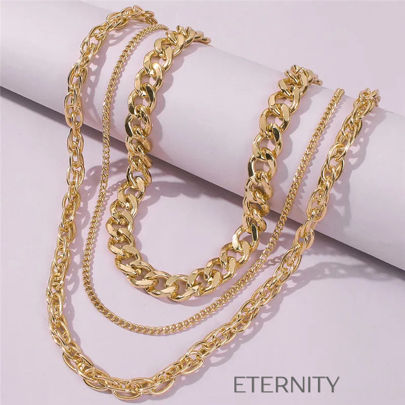 Set de Triple Collar de Cadenas en Capas Oro 18K  Cadenas Dorado Unica Acero Inoxidable  ETERNITY