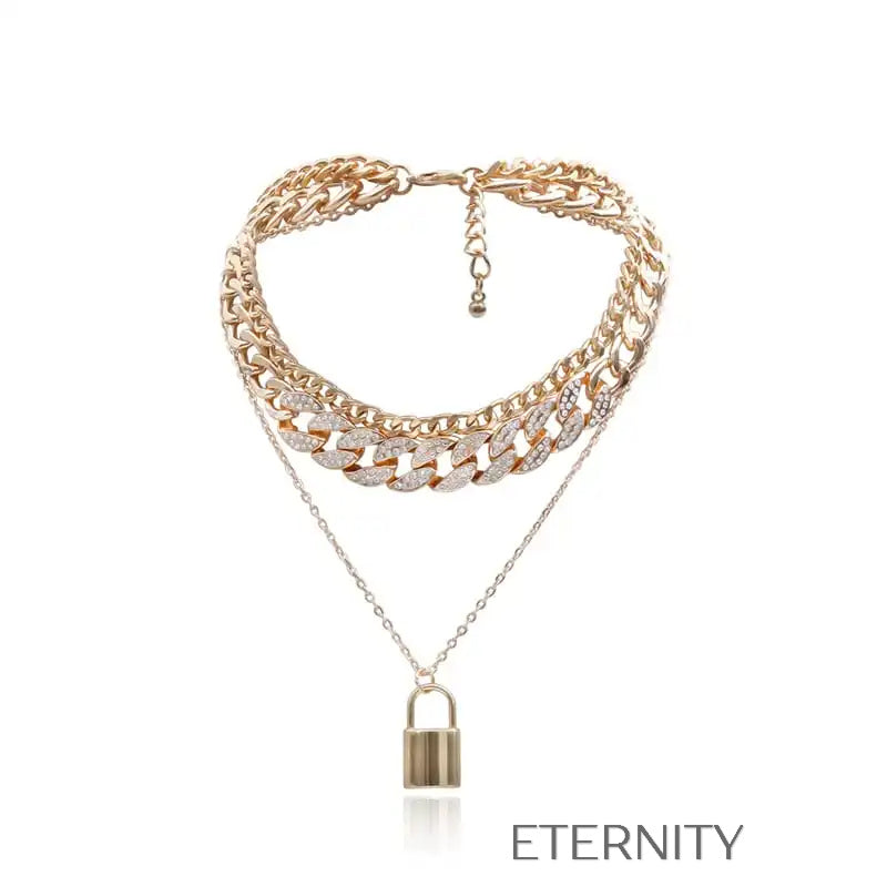 Set de Triple Collar de Cadenas con Dije de Candado  Cadenas Dorado Unica Acero Inoxidable  ETERNITY