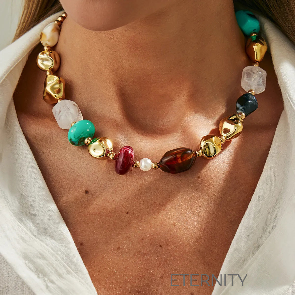 Collar Artisan Stones Multiformas  Cadenas Dorado 42cm Acero Inoxidable  ETERNITY