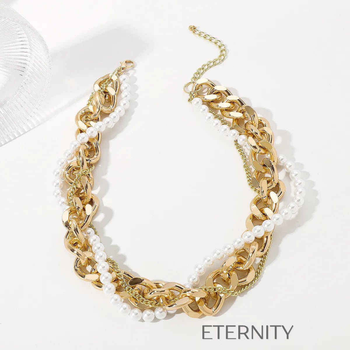 Collar Hybrid Majesty Eslabones y Perlas  Cadenas Dorado Unica Acero Inoxidable  ETERNITY