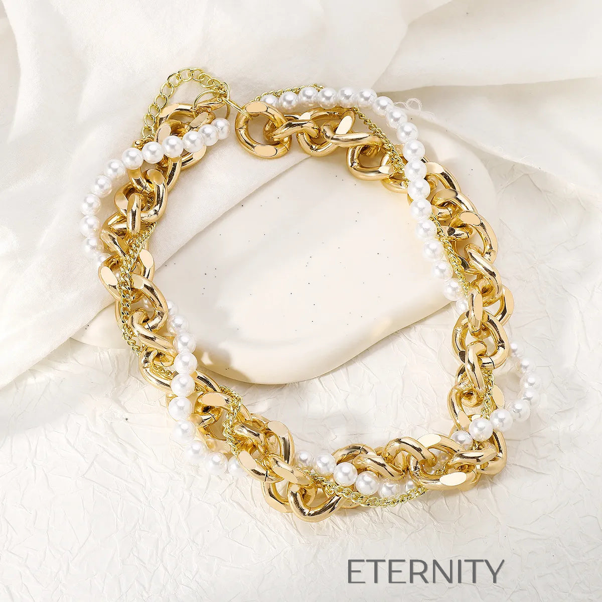 Collar Hybrid Majesty Eslabones y Perlas  Cadenas Dorado Unica Acero Inoxidable  ETERNITY