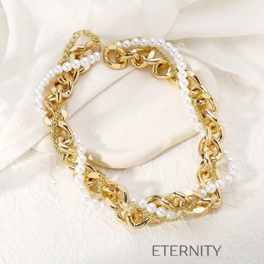 Collar Hybrid Majesty Eslabones y Perlas  Cadenas Dorado Unica Acero Inoxidable  ETERNITY