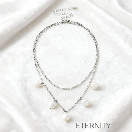 Collar Doble Pearly Snake con Perlas Grandes y Dije Crystal Bar en Oro  Cadenas Dorado Unica Acero Inoxidable  ETERNITY
