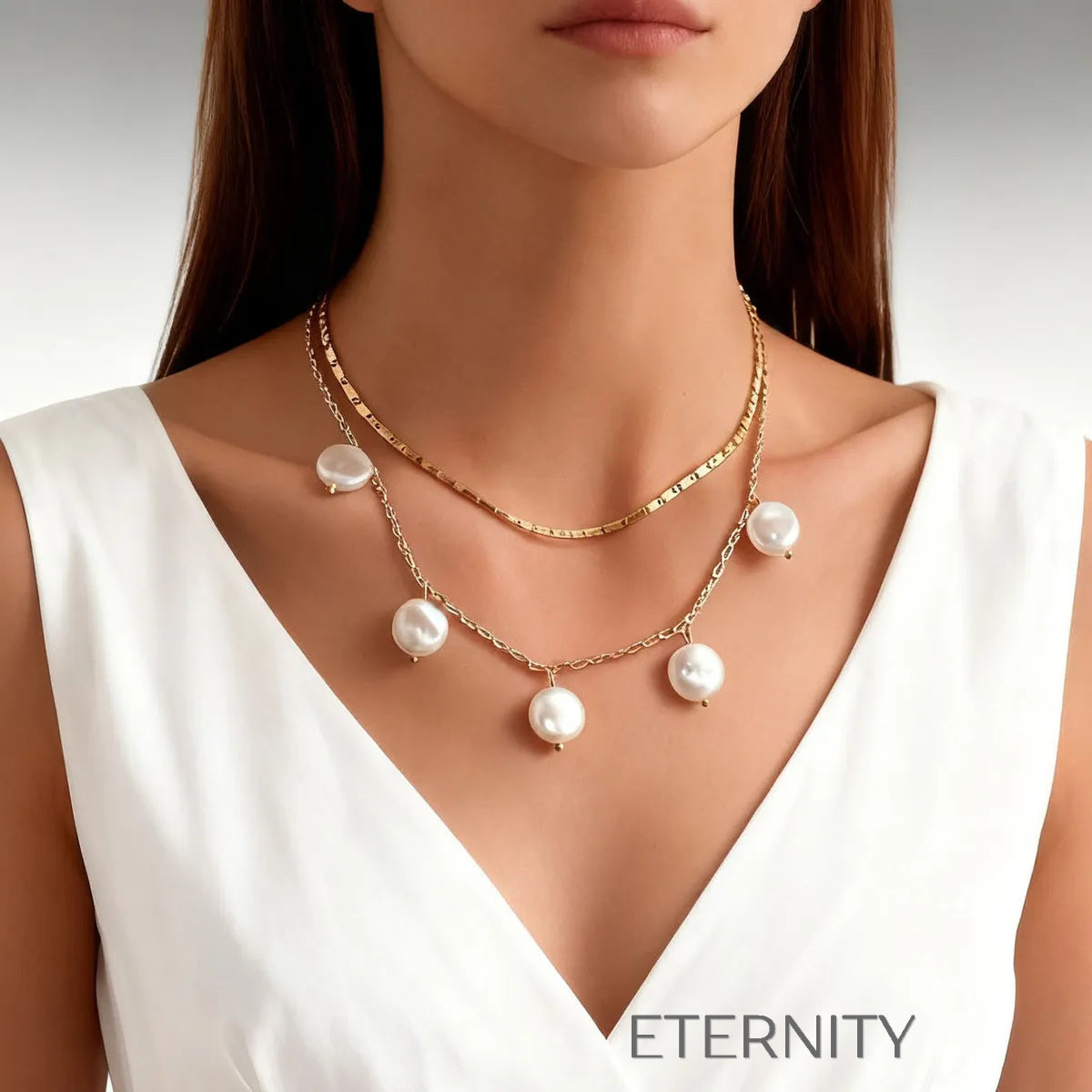 Collar Doble Pearly Snake con Perlas Grandes y Dije Crystal Bar en Oro  Cadenas Dorado Unica Acero Inoxidable  ETERNITY