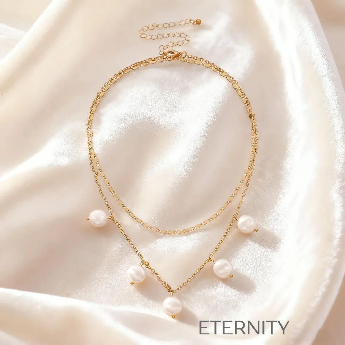 Collar Doble Pearly Snake con Perlas Grandes y Dije Crystal Bar en Oro  Cadenas Dorado Unica Acero Inoxidable  ETERNITY