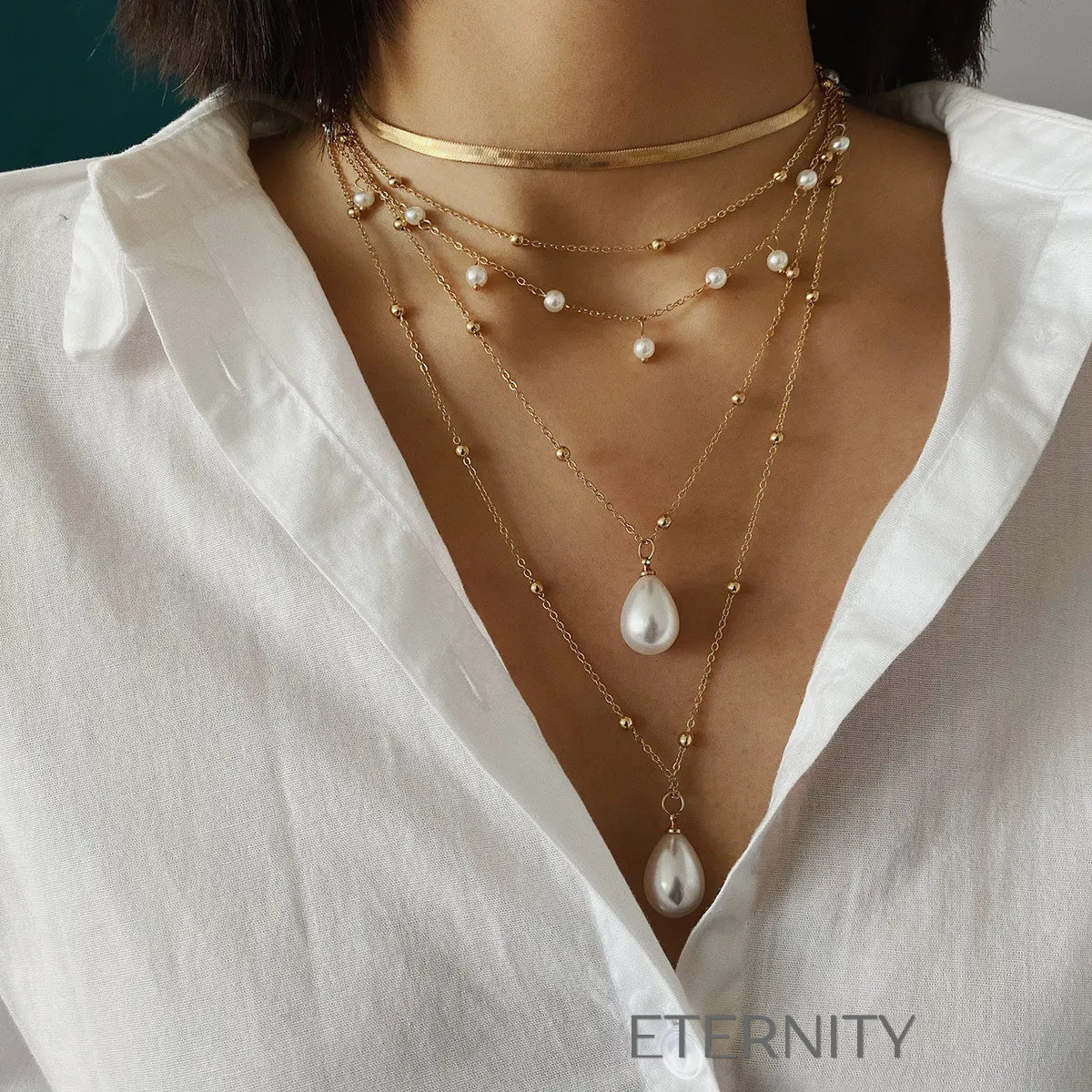 Set de Collares Pearl Cascade en Oro y Perlas  Cadenas Dorado Unica Acero Inoxidable  ETERNITY