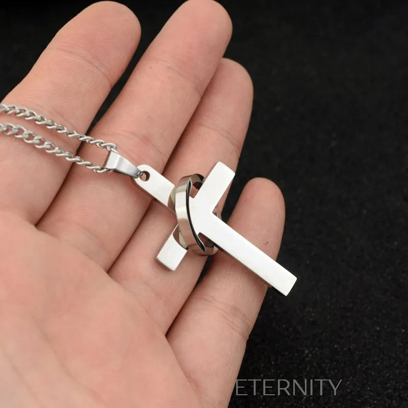 Collar Eternal Faith   Cruz y Anillo Entrelazado Cadenas Plateado 60cm Acero Inoxidable  ETERNITY